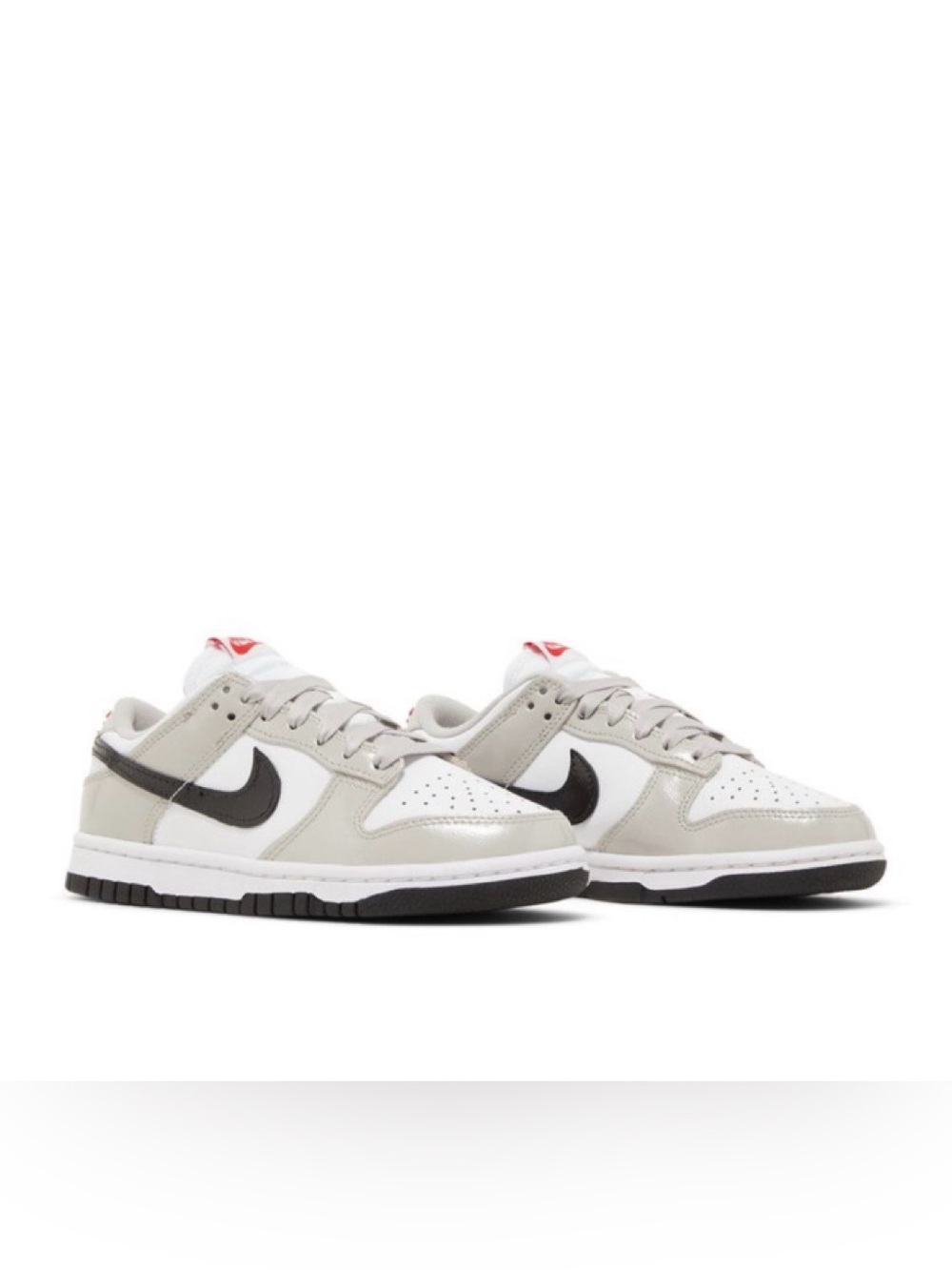 Nike Women’s (shiny)Grey & White Dunk Low with Black leather Swoosh